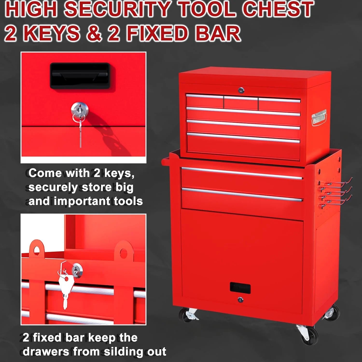 8-Drawer Rolling Tool Chest, 2-In-1 Tool Box with Wheels Metal Tool Chest Cabinet for Garage, Workshop, Red