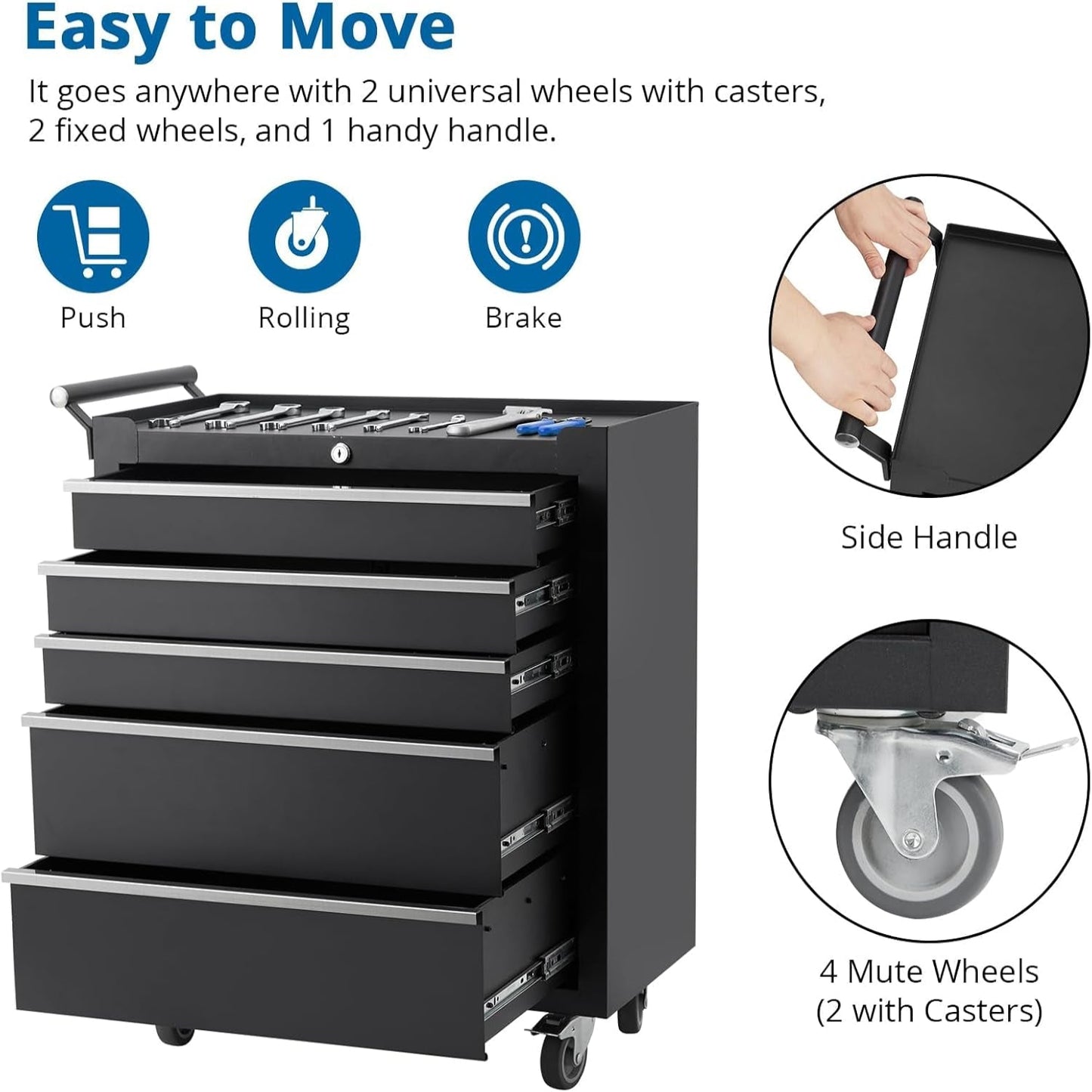 5-Drawer Rolling Tool Chest,Tool Cabinet on Wheels with Keyed Locking System and Drawer Liners,Tool Chest with Link Buckle and Can Be Combined to Large Cabinet Set,For Garage, Warehouse & Repair Shop