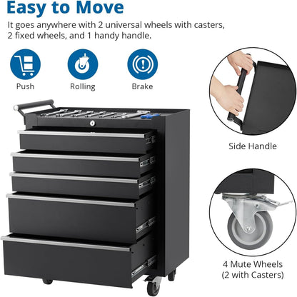 5-Drawer Rolling Tool Chest,Tool Cabinet on Wheels with Keyed Locking System and Drawer Liners,Tool Chest with Link Buckle and Can Be Combined to Large Cabinet Set,For Garage, Warehouse & Repair Shop