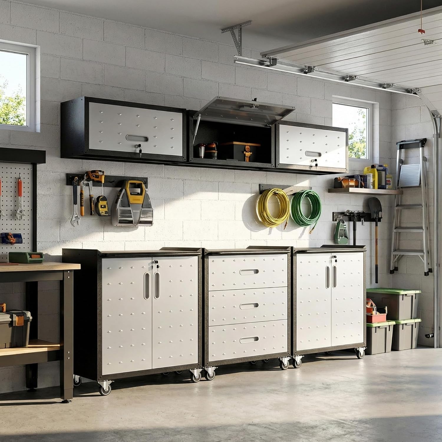 Garage Cabinet System | Heavy Duty Steel All-In-One Modular Garage Cabinet Set for Ultimate Workshop Organization | Easy Assembly Garage Storage Cabinets & Tool Bench
