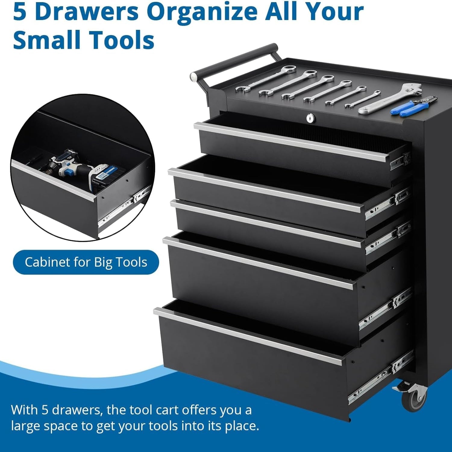 5-Drawer Rolling Tool Chest,Tool Cabinet on Wheels with Keyed Locking System and Drawer Liners,Tool Chest with Link Buckle and Can Be Combined to Large Cabinet Set,For Garage, Warehouse & Repair Shop