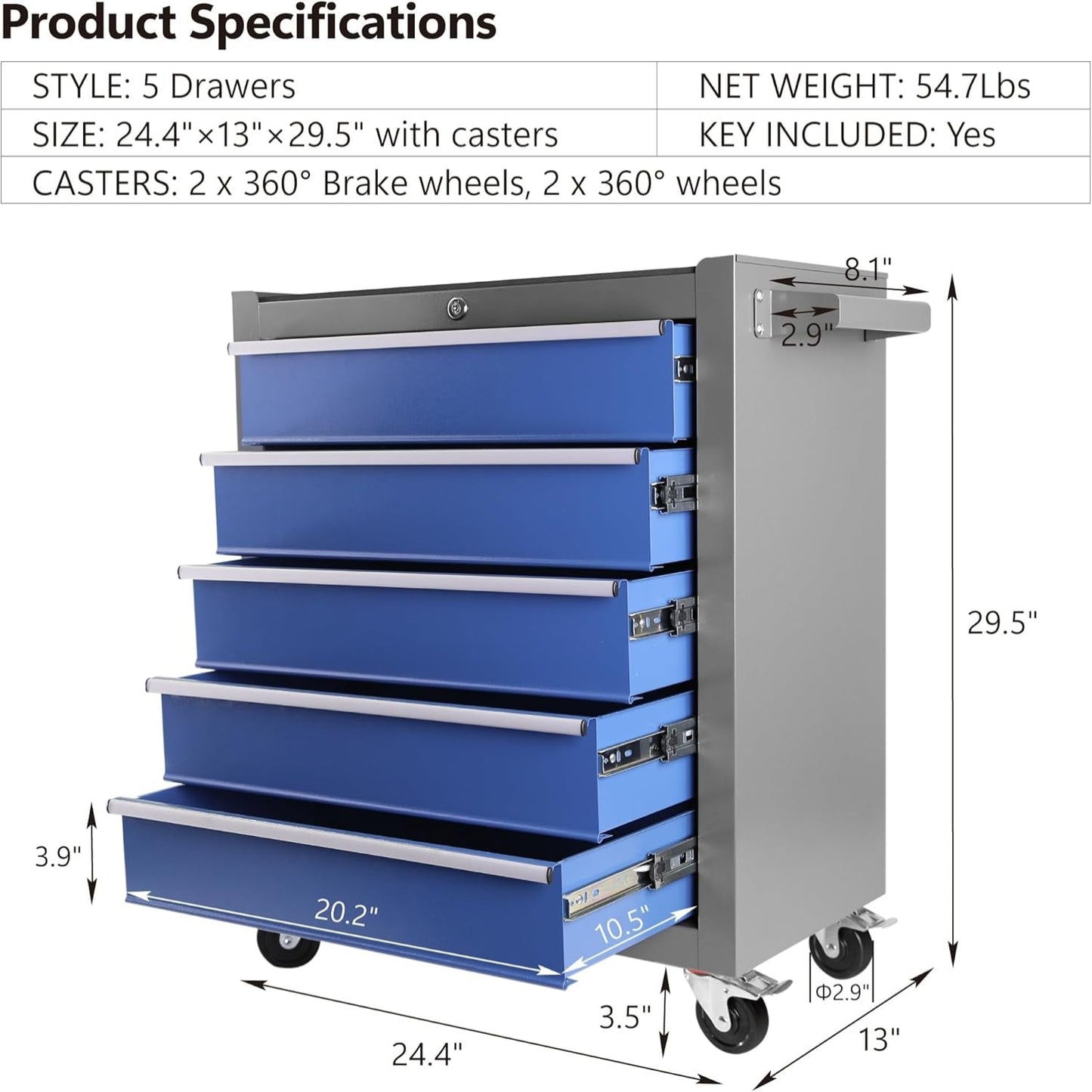 5 Drawers Rolling Tool Chest with Wheels, Rolling Tool Chest, Portable Rolling Tool Box on Wheels, Tool Chest Organizer for Garage, Workshop, Home Crafts Use Blue as Shown