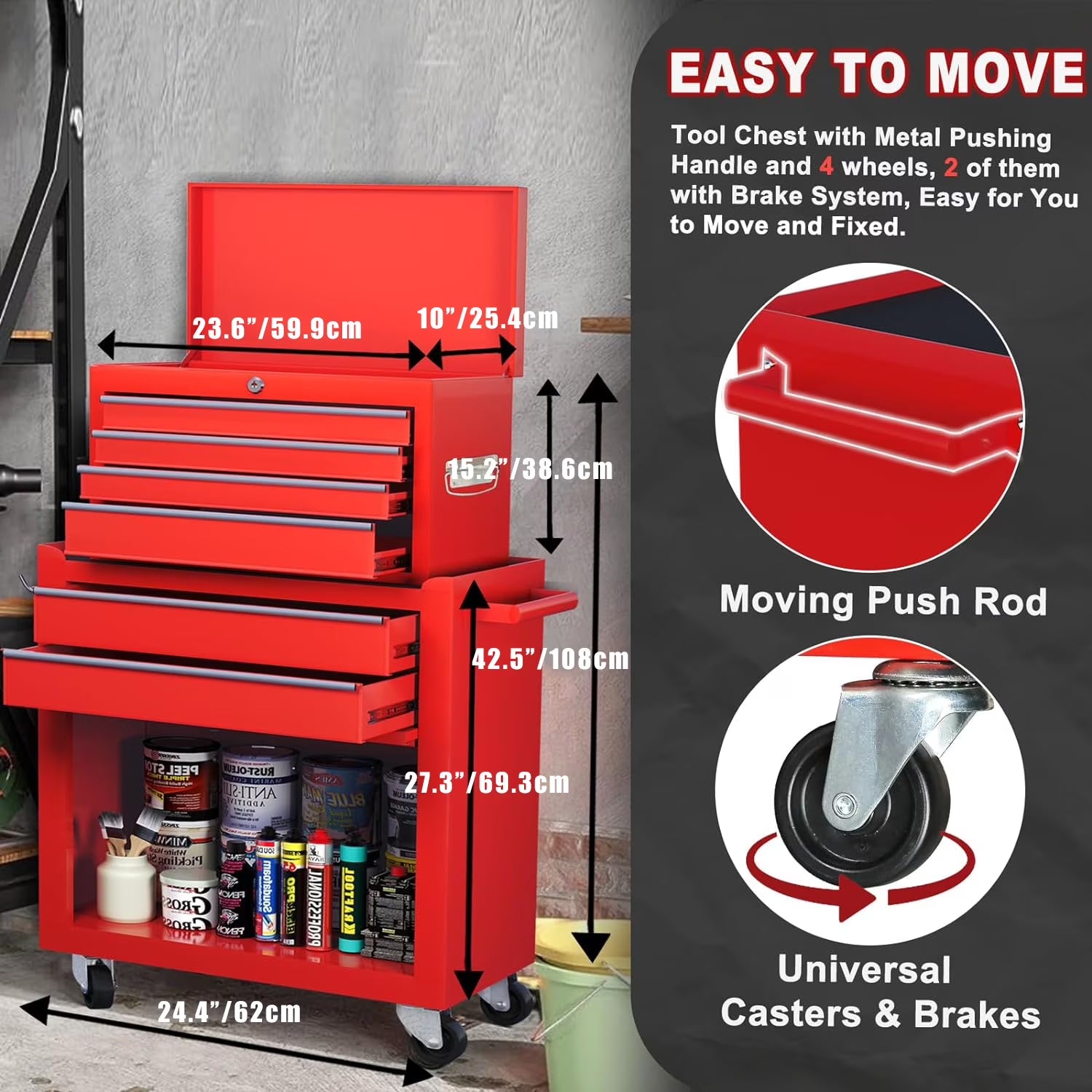 8-Drawer Rolling Tool Chest, 2-In-1 Tool Box with Wheels Metal Tool Chest Cabinet for Garage, Workshop, Red