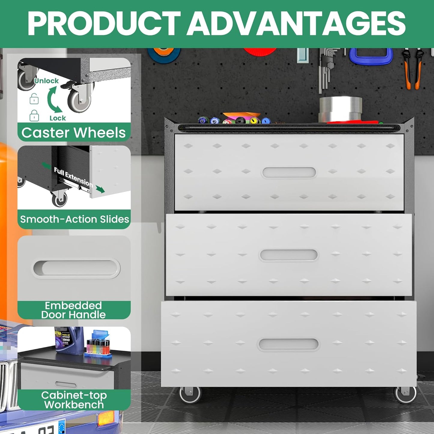 Garage Cabinet System | Heavy Duty Steel All-In-One Modular Garage Cabinet Set for Ultimate Workshop Organization | Easy Assembly Garage Storage Cabinets & Tool Bench