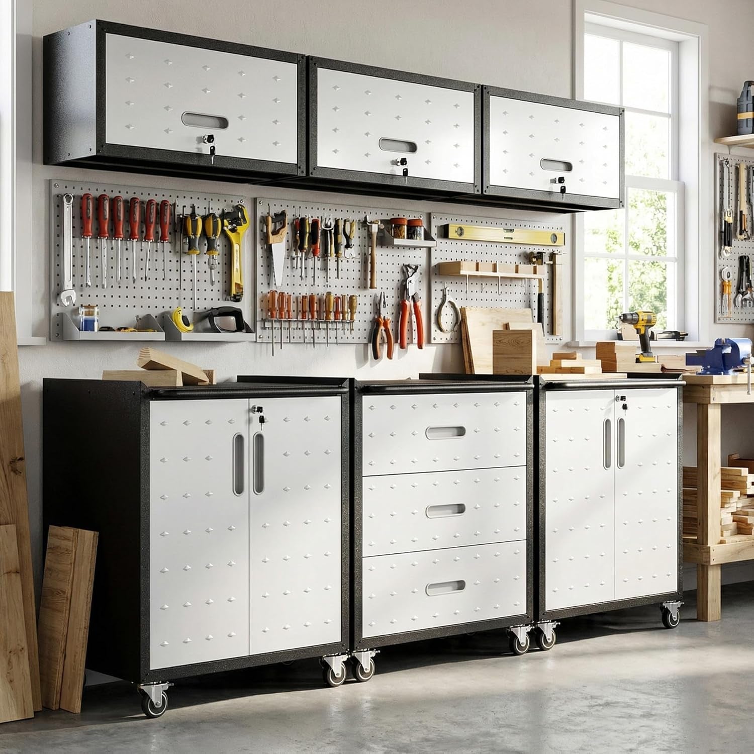 Garage Cabinet System | Heavy Duty Steel All-In-One Modular Garage Cabinet Set for Ultimate Workshop Organization | Easy Assembly Garage Storage Cabinets & Tool Bench