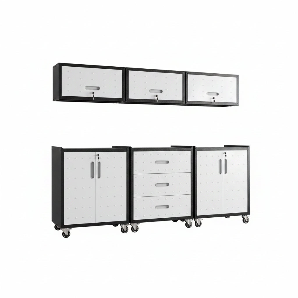 Garage Cabinet System | Heavy Duty Steel All-In-One Modular Garage Cabinet Set for Ultimate Workshop Organization | Easy Assembly Garage Storage Cabinets & Tool Bench