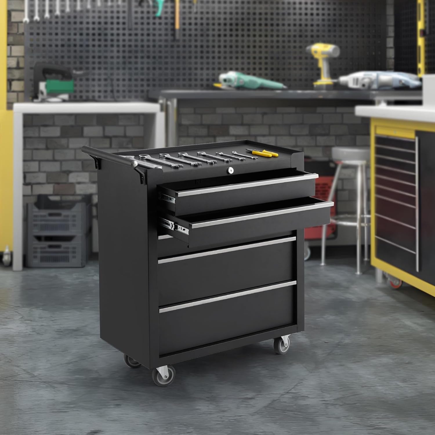 5-Drawer Rolling Tool Chest,Tool Cabinet on Wheels with Keyed Locking System and Drawer Liners,Tool Chest with Link Buckle and Can Be Combined to Large Cabinet Set,For Garage, Warehouse & Repair Shop