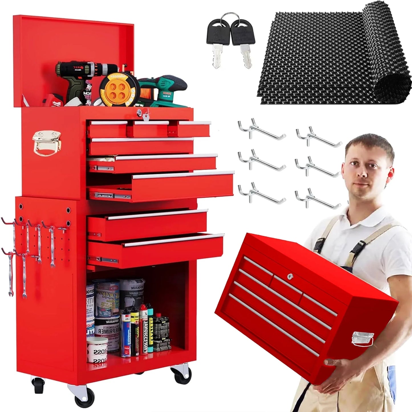 8-Drawer Rolling Tool Chest, 2-In-1 Tool Box with Wheels Metal Tool Chest Cabinet for Garage, Workshop, Red